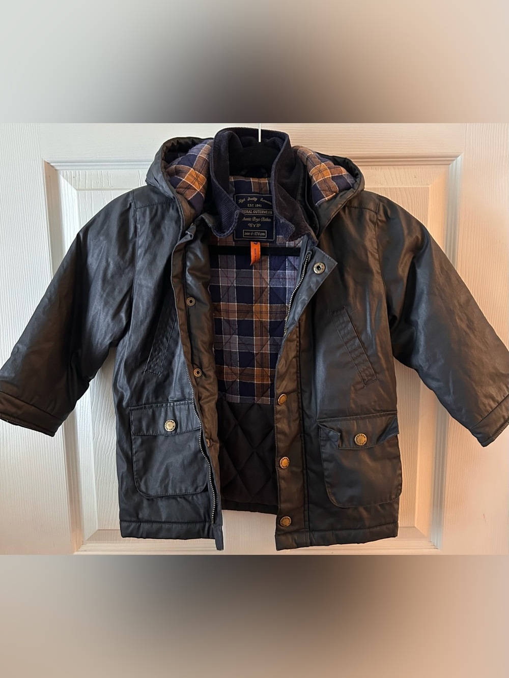 Mayoral Outerwear Sz 4 Fall/Winter Flannel Lined Full Zip & Snap Hooded Jacket
